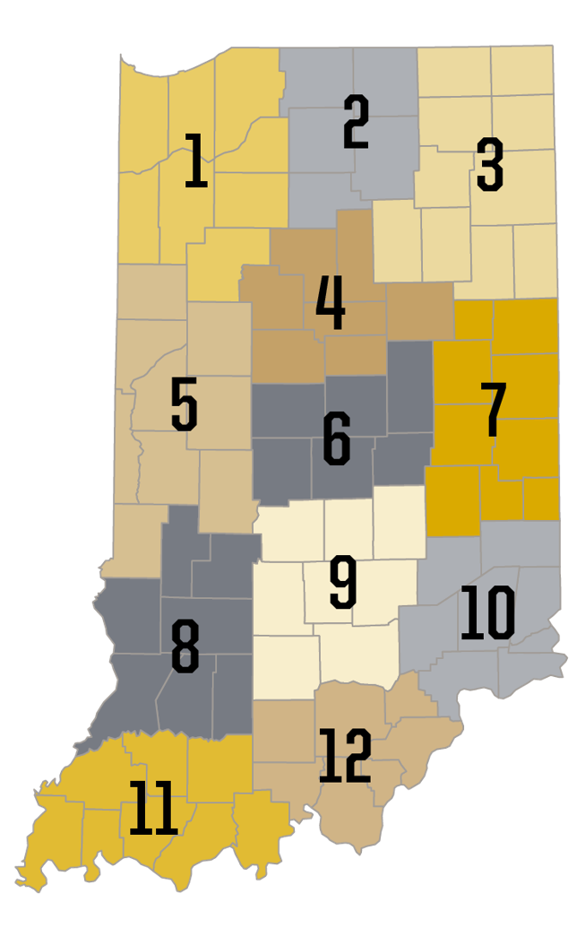 Map of Indiana divided into 12 numbered regions with county boundaries shown and color-coded regions for visual separation.