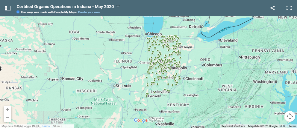 Map of Indiana showing the locations of certified organic operations as green dots.