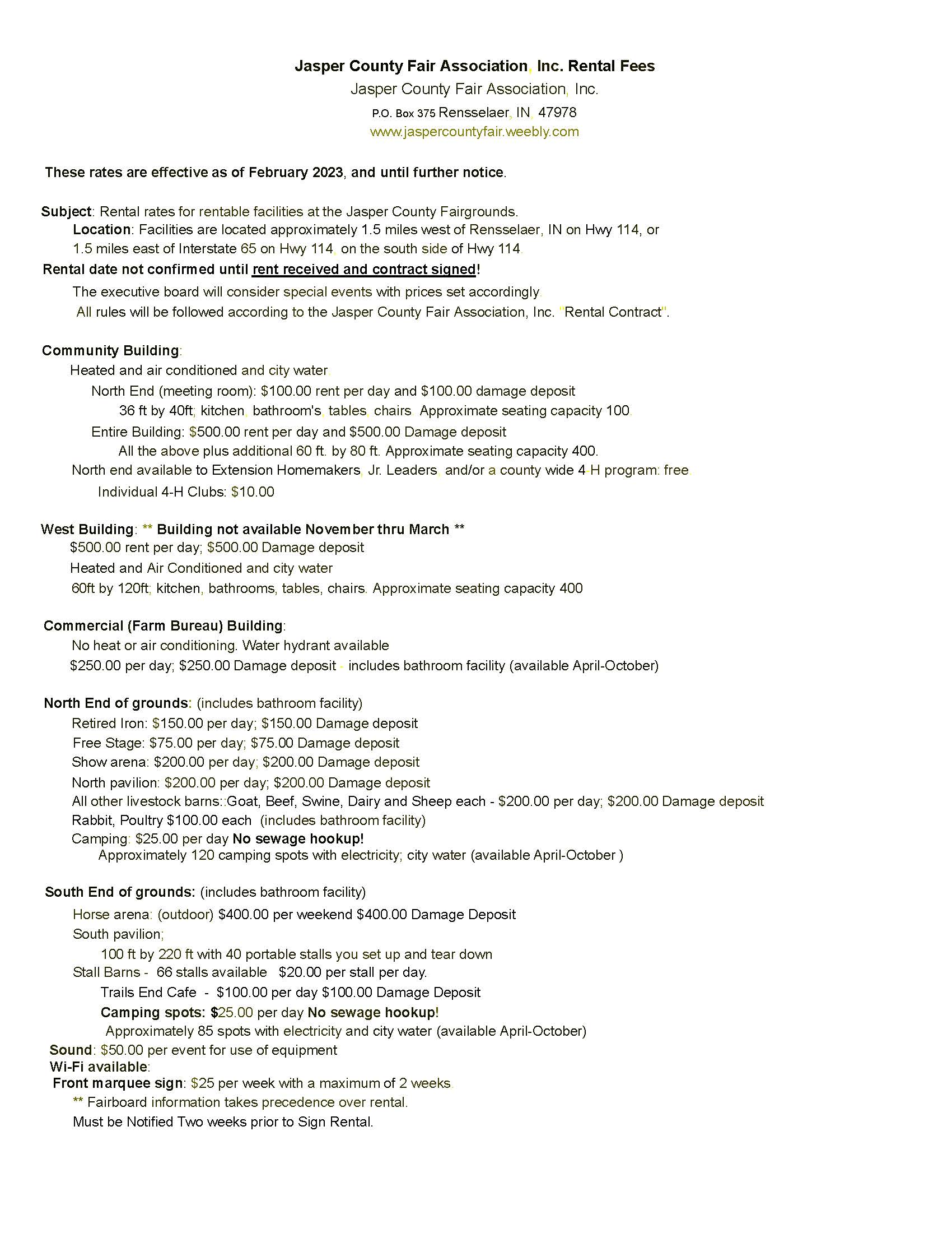 JCFA RENTAL FEES