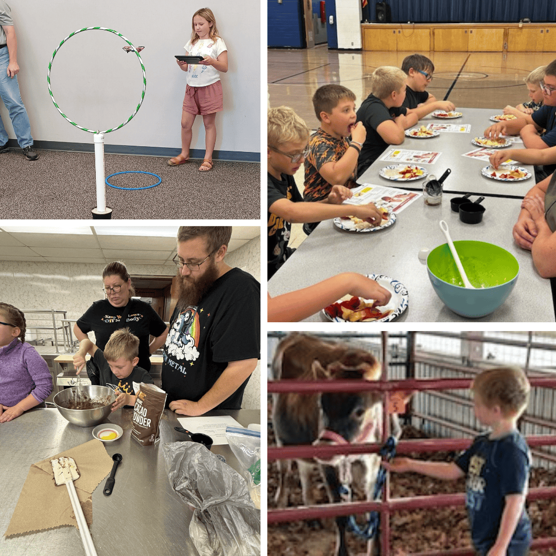 Youth flying a drone, students eating together at an after school cooking program, parents watching their child mix black bean brownie batter, youth seeing a calf at a petting zoo