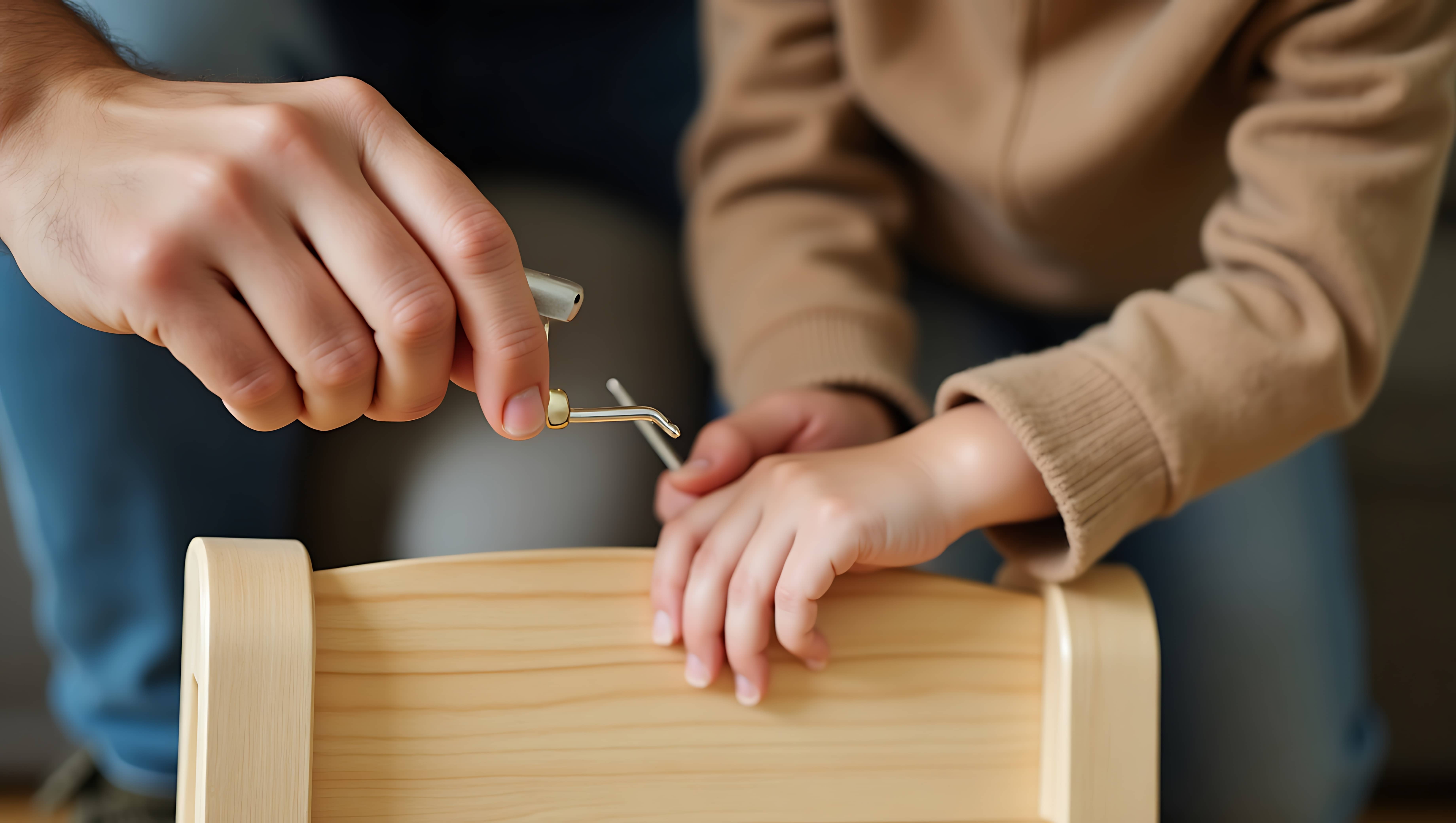 Dad and child working on chair together.