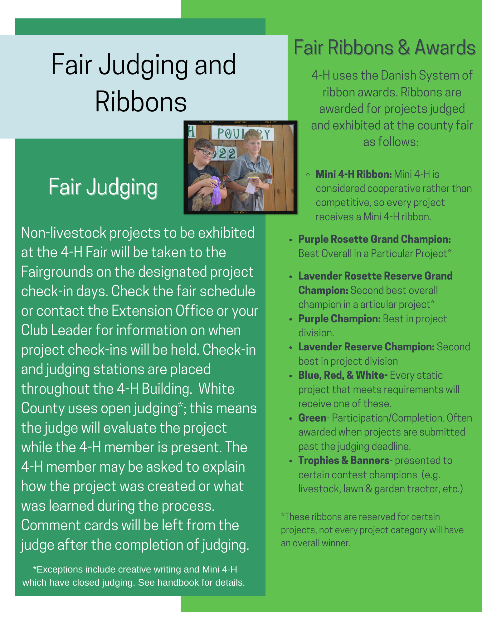 Non-livestock projects to be exhibited at the 4-H Fair will be taken to the Fairgrounds on the designated project check-in days. Check the fair schedule or contact the Extension Office or your Club Leader for information on when project check-ins will be held. Check-in and judging stations are placed throughout the 4-H Building.  White County uses open judging*; this means the judge will evaluate the project while the 4-H member is present. The 4-H member may be asked to explain how the project was created or what was learned during the process. Comment cards will be left from the judge after the completion of judging. 4-H uses the Danish System of ribbon awards. Ribbons are awarded for projects judged and exhibited at the county fair as follows: Mini 4-H Ribbon: Mini 4-H is considered cooperative rather than competitive, so every project receives a Mini 4-H ribbon.    Purple Rosette Grand Champion: Best Overall in a Particular Project*  Lavender Rosette Reserve Grand Champion: Second best overall champion in a articular project* Purple Champion: Best in project division.  Lavender Reserve Champion: Second best in project division Blue, Red, & White- Every static project that meets requirements will receive one of these.  Green- Participation/Completion. Often awarded when projects are submitted past the judging deadline.  Trophies & Banners- presented to certain contest champions  (e.g. livestock, lawn & garden tractor, etc.)  *These ribbons are reserved for certain projects, not every project category will have an overall winner. 