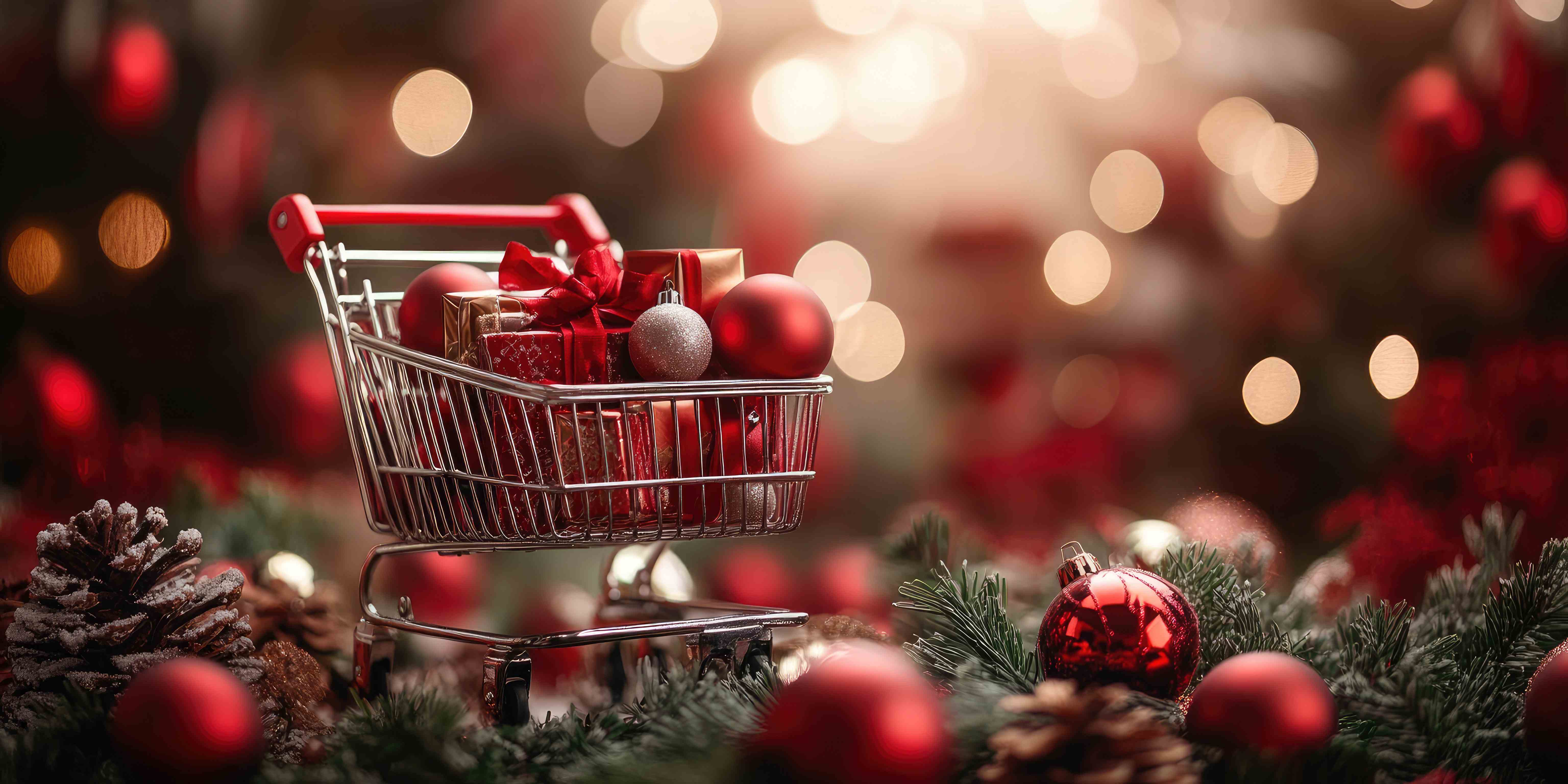shopping cart with holiday gifts and decorations