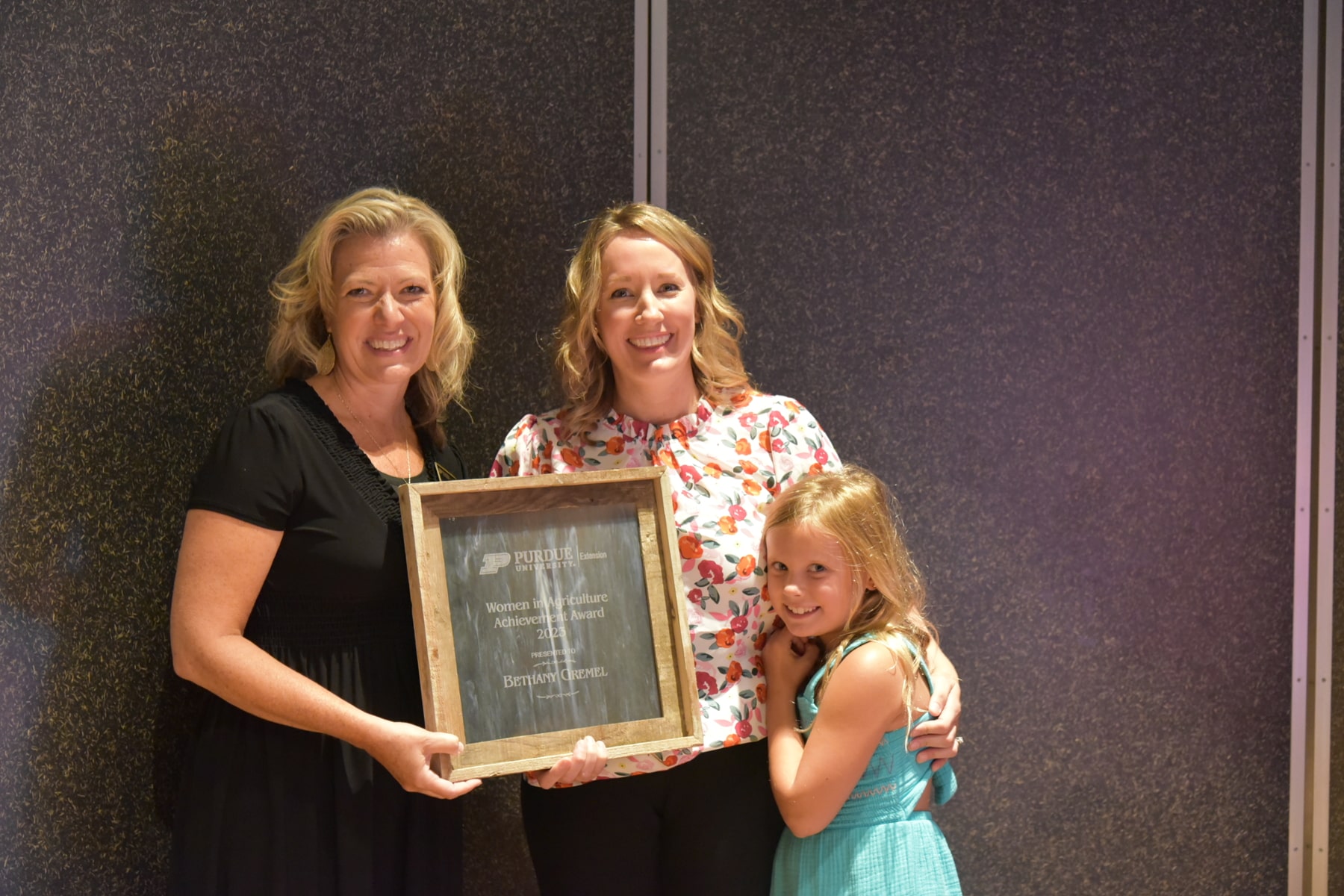 Photo courtesy of Indiana State Department of Agriculture Bethany Gremel was presented the 2023 Purdue Women in Agriculture Achievement Award on Aug. 3, 2023 at the Indiana State Fairgrounds. Pictured Angie Abbott, interim director of Purdue Extension and associate dean in the College of Agriculture and Bethany Gremel.