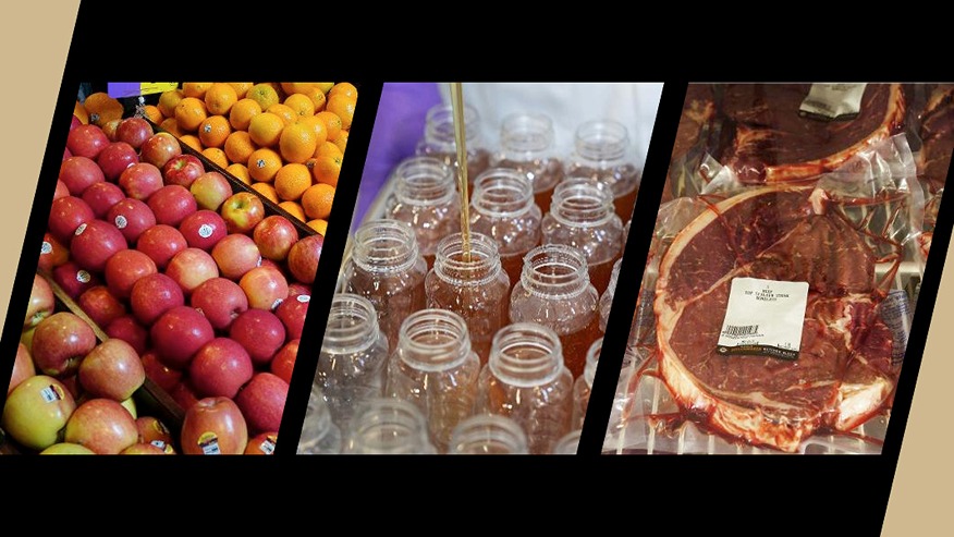 Apples in a grocery store, jars of honey being filled, packaged meat in a case