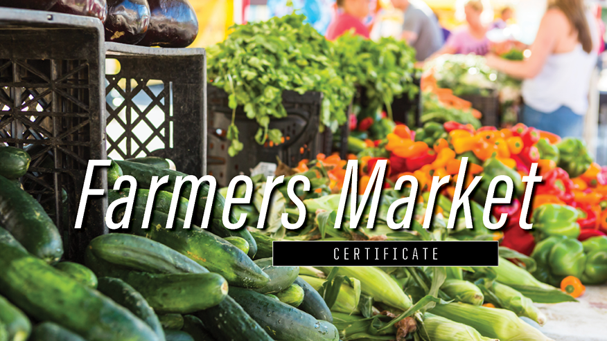 Farmers Market certificate, produce in the background