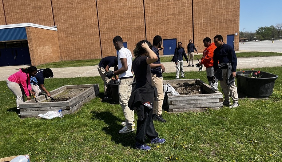 A group of students stand around two raised garden beds next to a brick school building