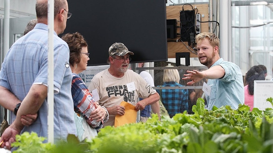Three participants, left, look at a presenter, right, who is gesturing to rows of hydroponically grown lettuce.