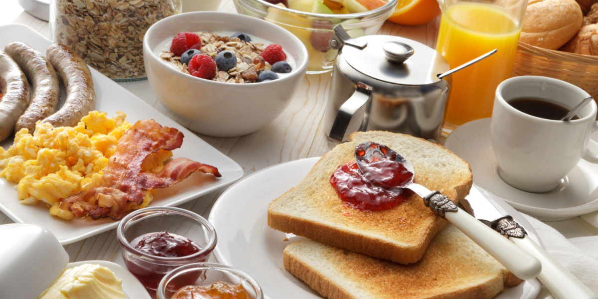 array of breakfast items