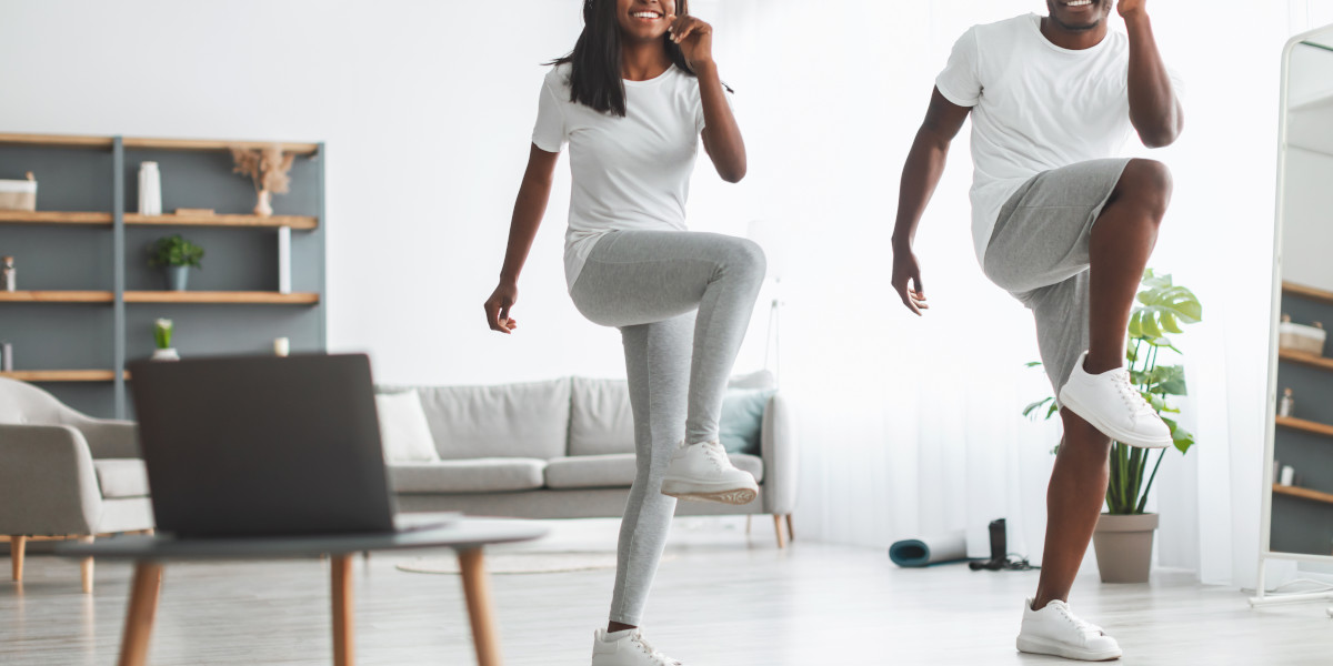Two people exercising with laptop