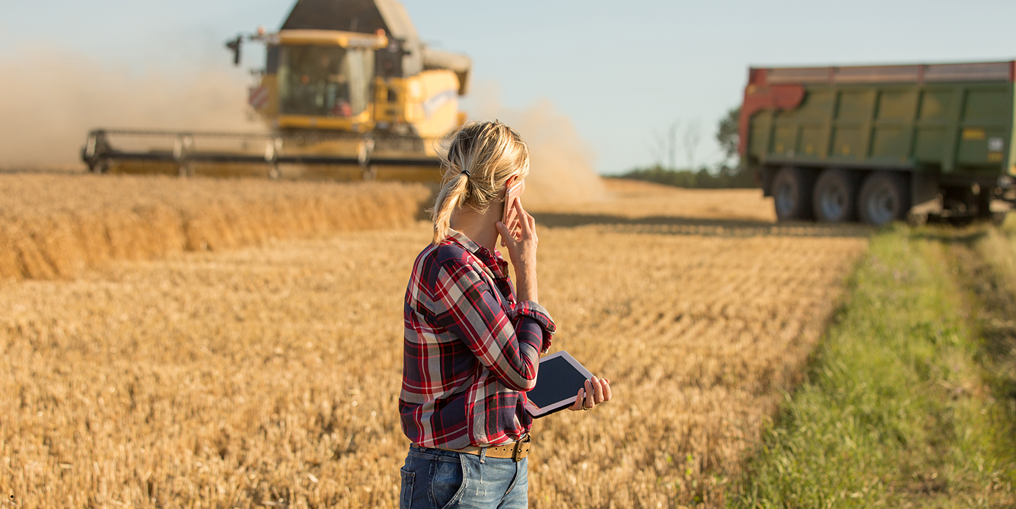 Woman talking on phone with electronic tablet standing in field looking at farm equipment