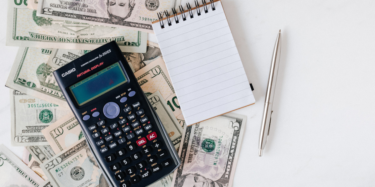 Bills of money with calculator and tablet of paper