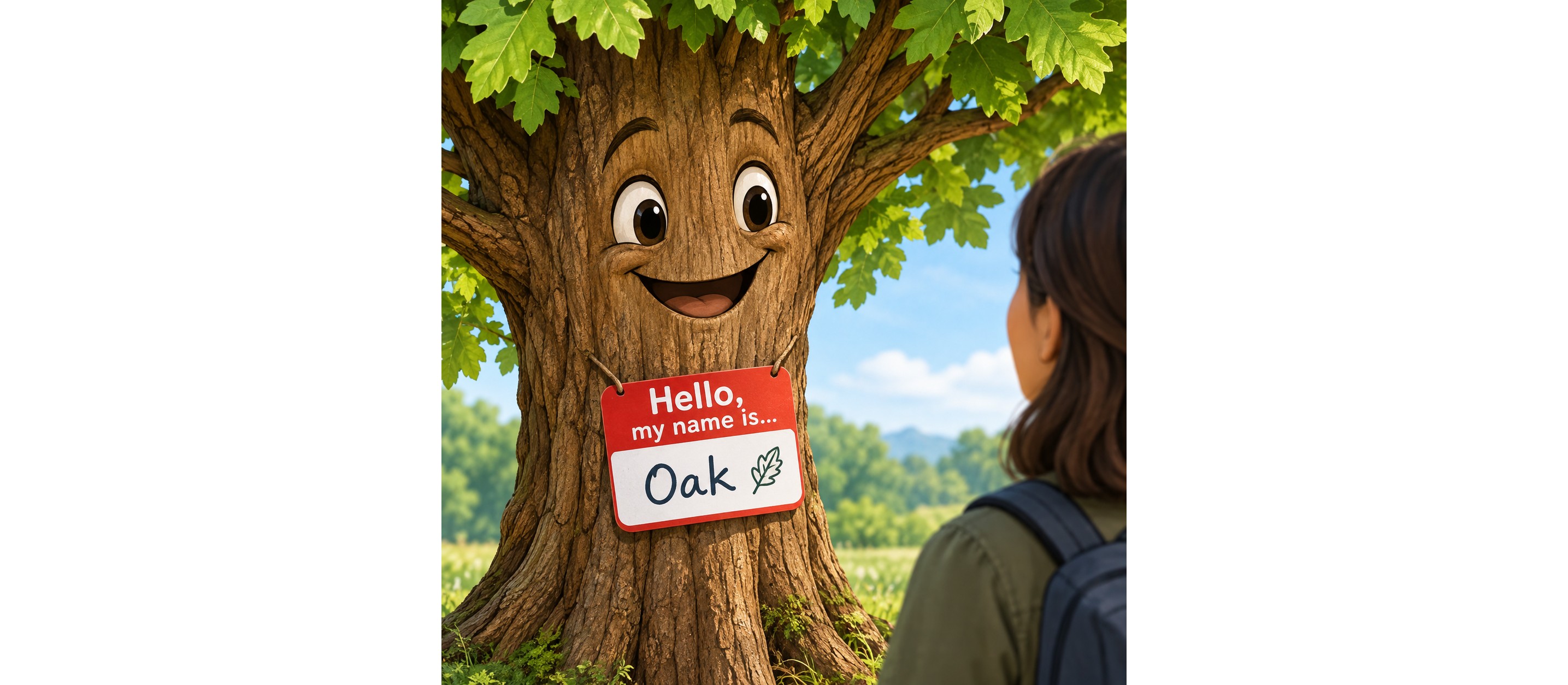 image of tree with nametag saying "Hello, my name is oak."