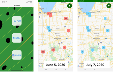 Tarspotter App forecast in a map, from June 5, 2020 and July 7, 2020. Red color indicates favorable environmental conditions for tar spot if corn at V5 or larger, blue color indicates unfavorable environmental conditions for tar spot.   