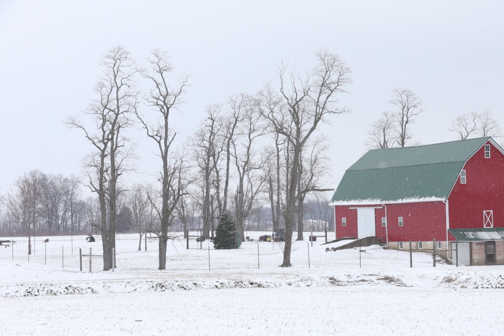 Image of a red barn an snow on the field